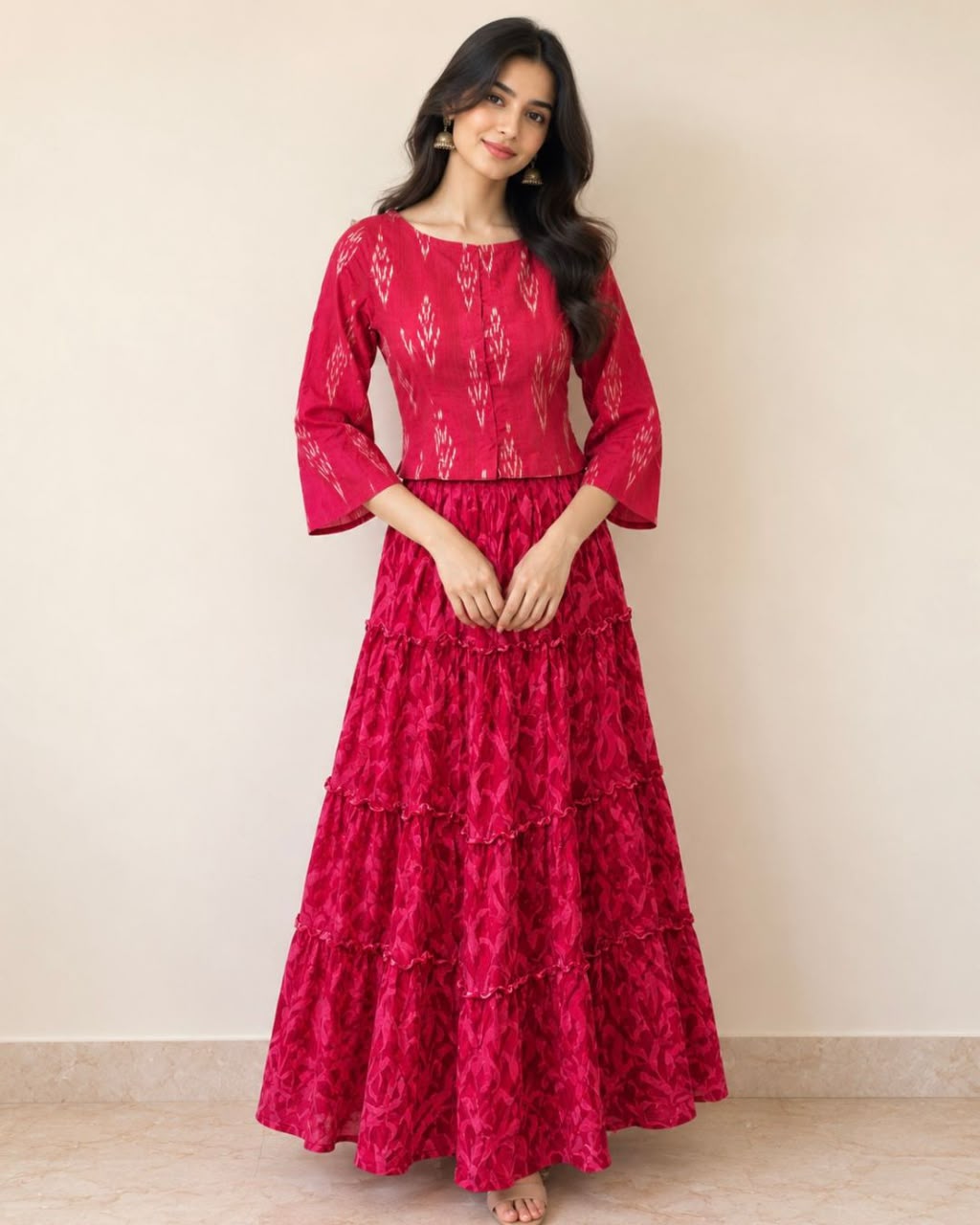 Red Ikkat Roundneck Spcut Blouse