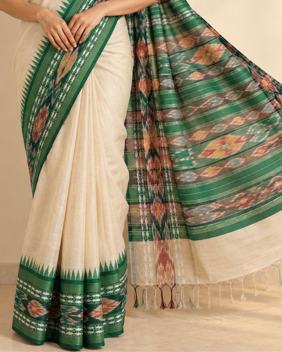 Beige Green Temple Border Chhattisgarh Tussar Silk Saree
