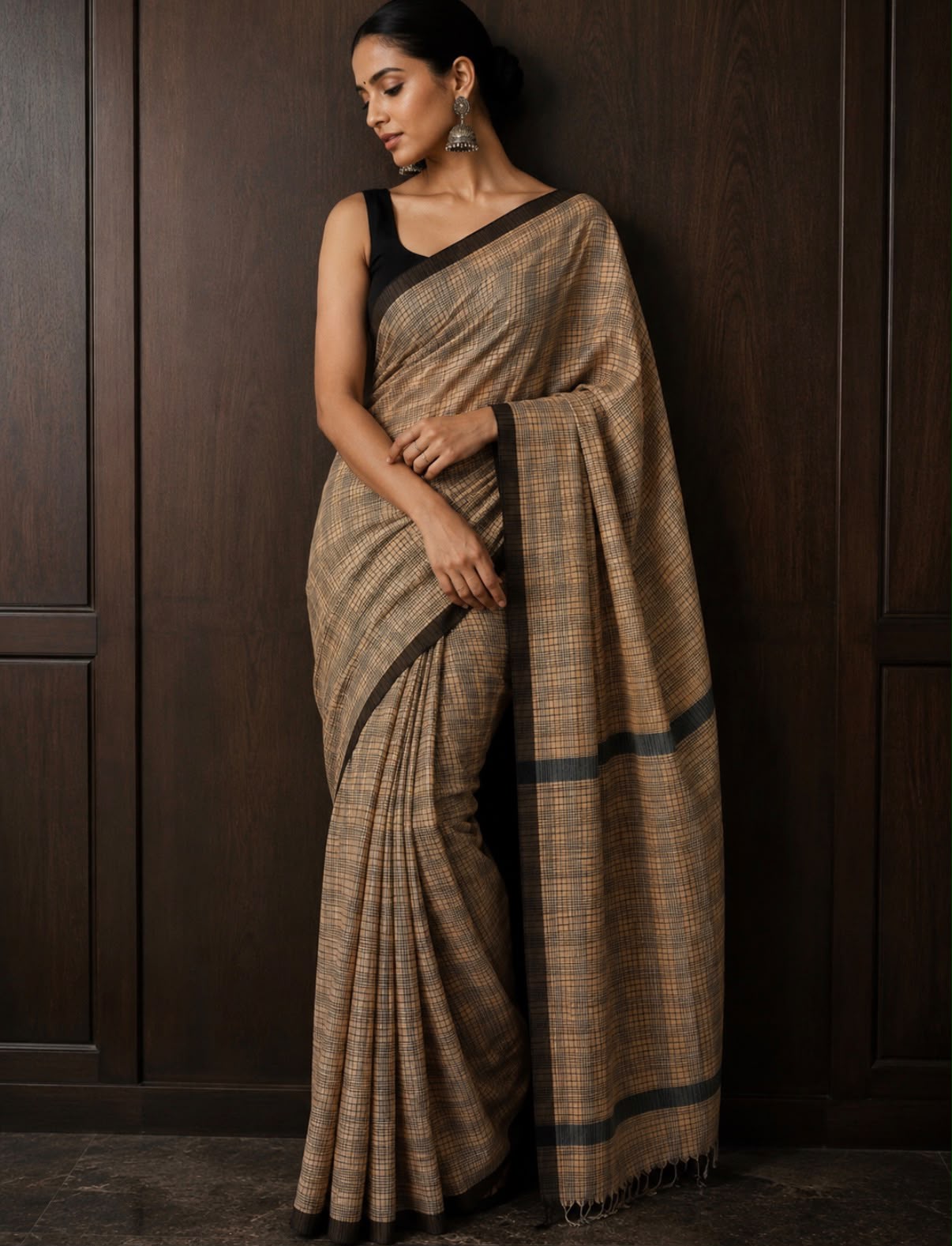 Peach Black Striped Cotton Saree