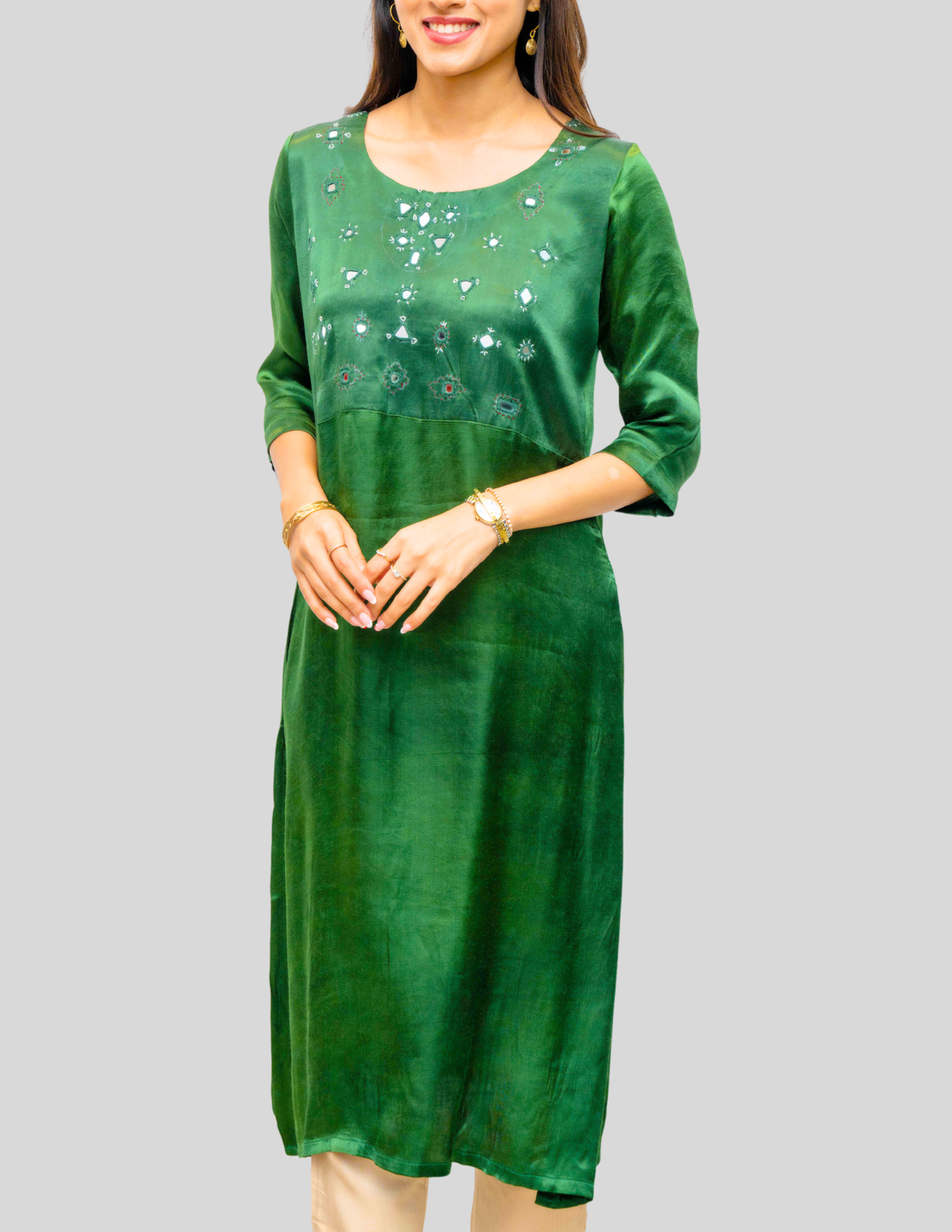 Green Hand Embroidery Mirror Work Mashru Silk Kurta