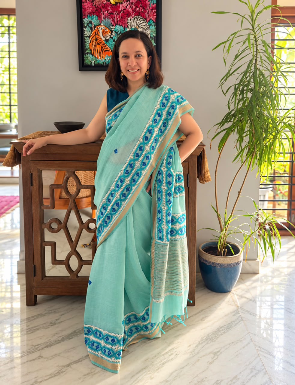 Mint Aqua Kutch Emboridery Tussar Silk Saree