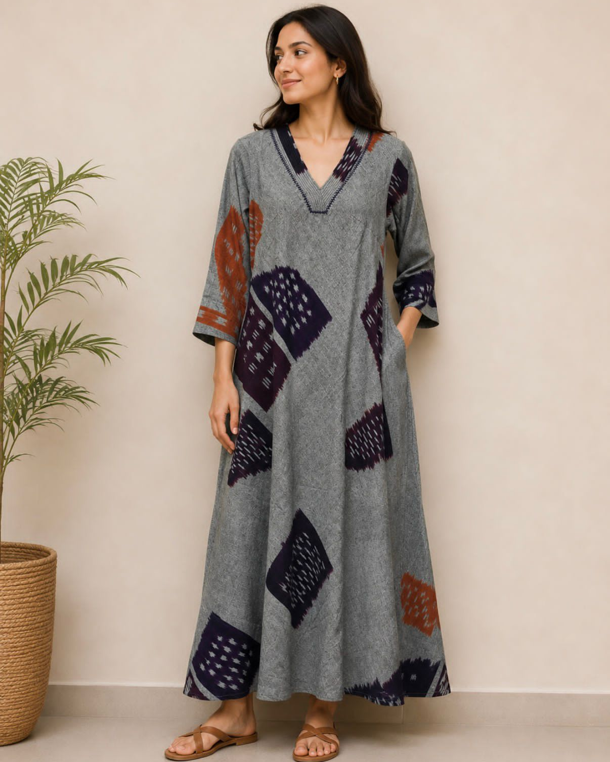 Grey V Neck Ikat Cotton Dress