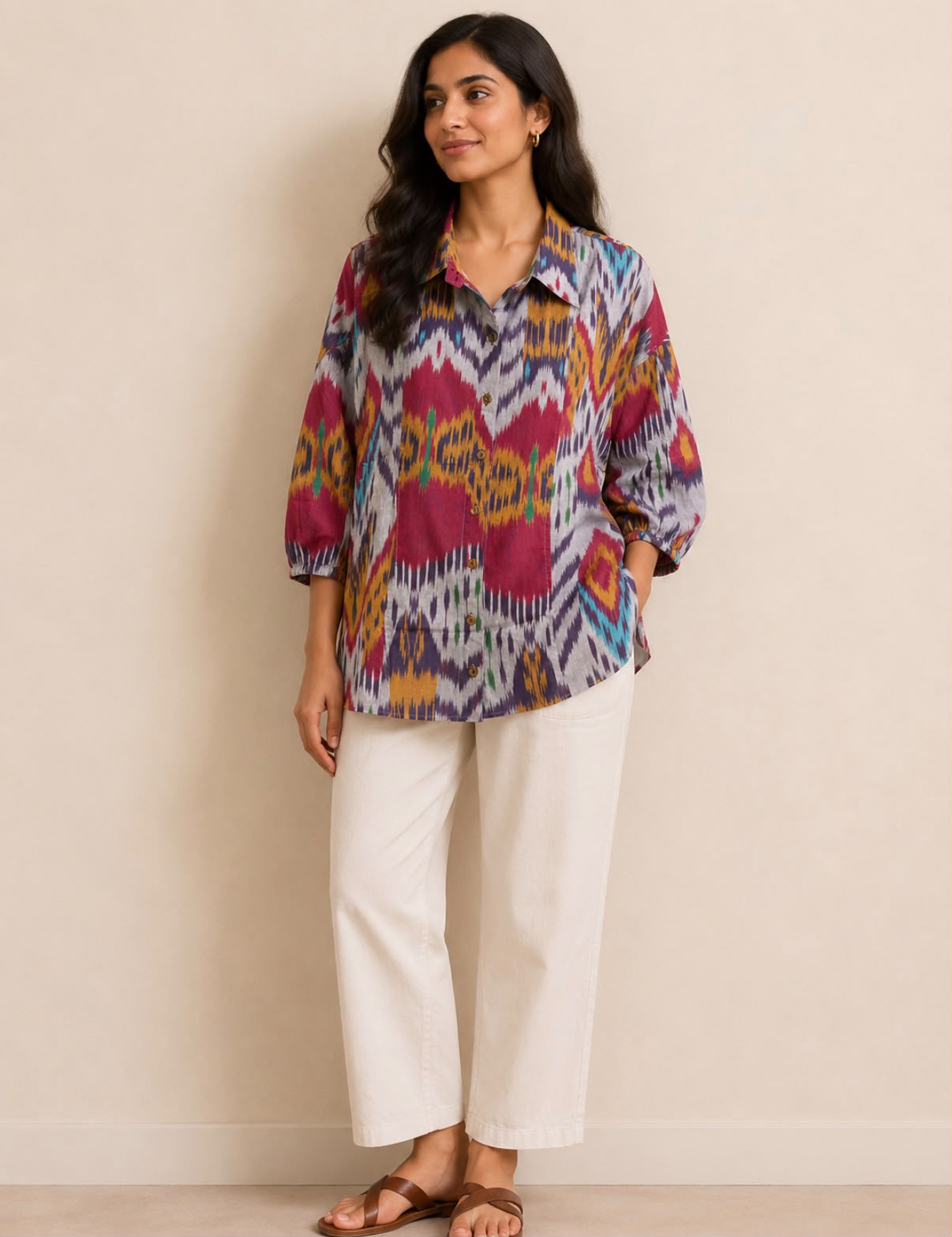 Multi Colours Shirt Collar Ikat Cotton Top