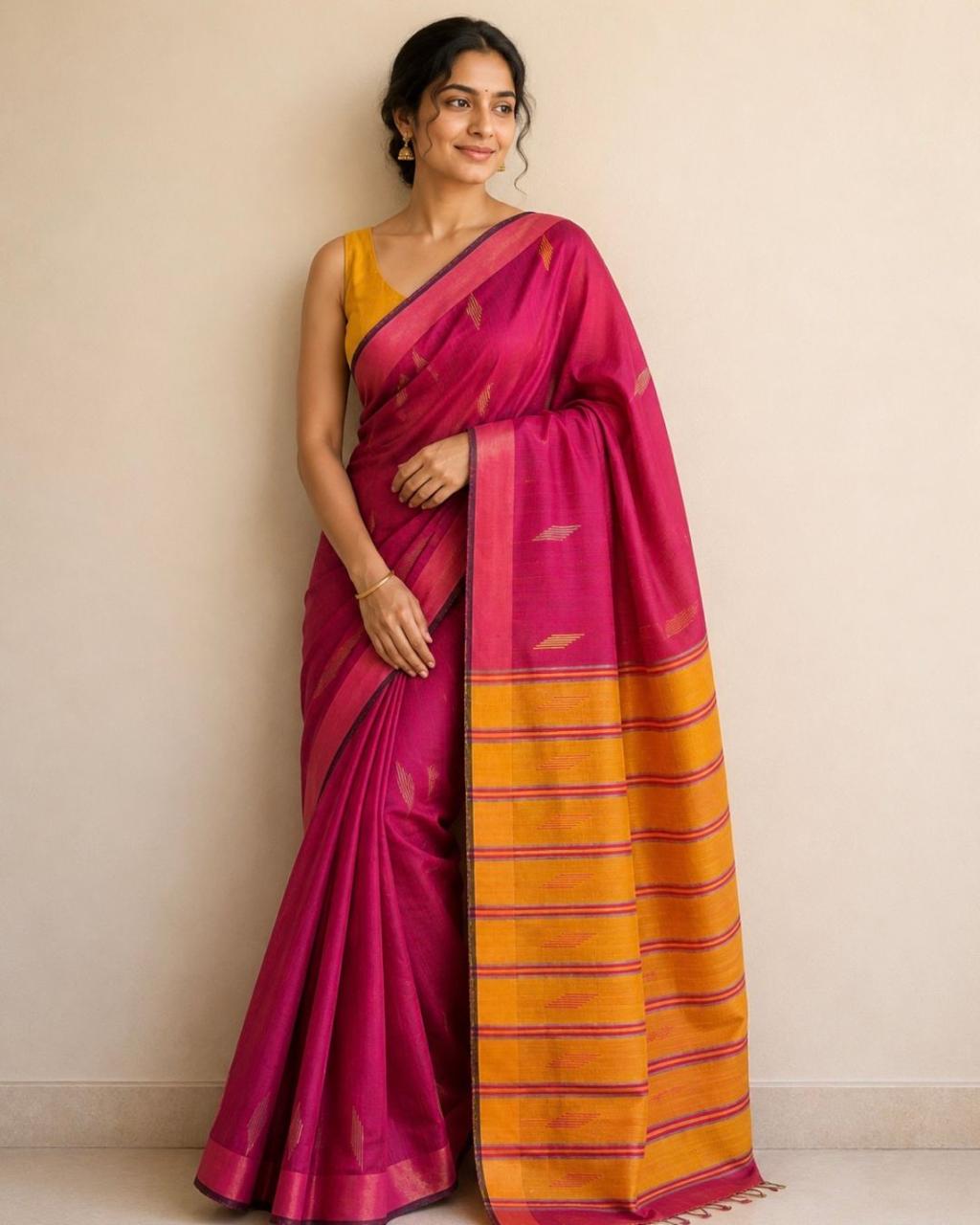 Pink Striped Mustard Pallu Tussar Silk Saree