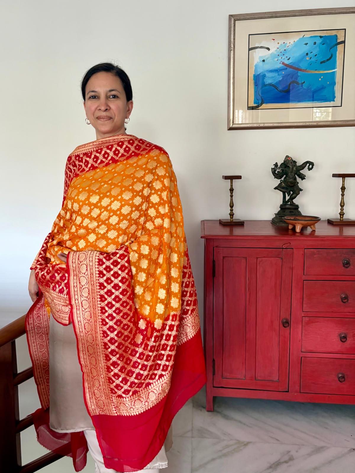 Red Orange Bandani Banarasi Georgette Dupatta