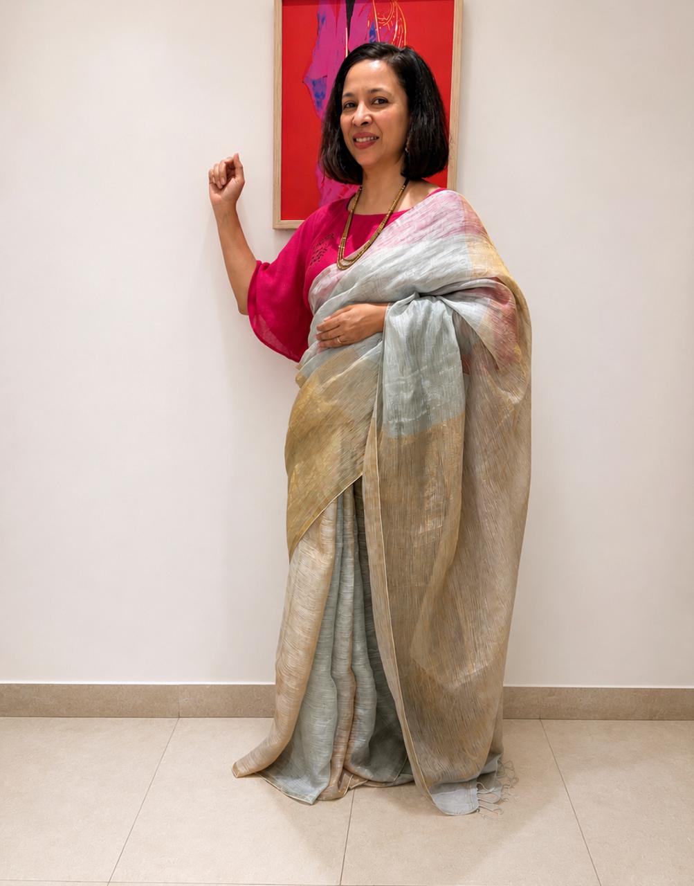 OffWhite Gold Tissue Linen Saree