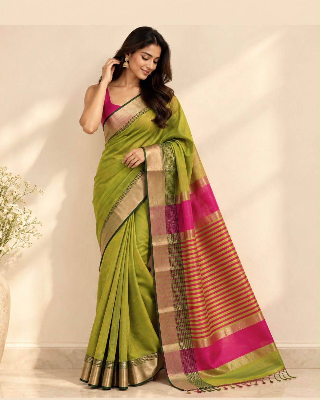 Green Maheswari Silk Cotton Saree