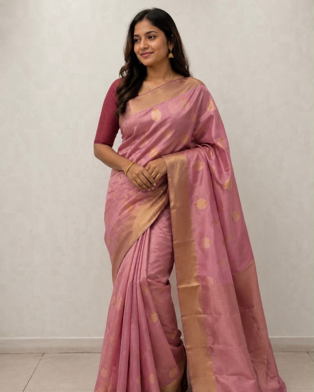 Pink Gold Border Butta Chanderi Silk Saree