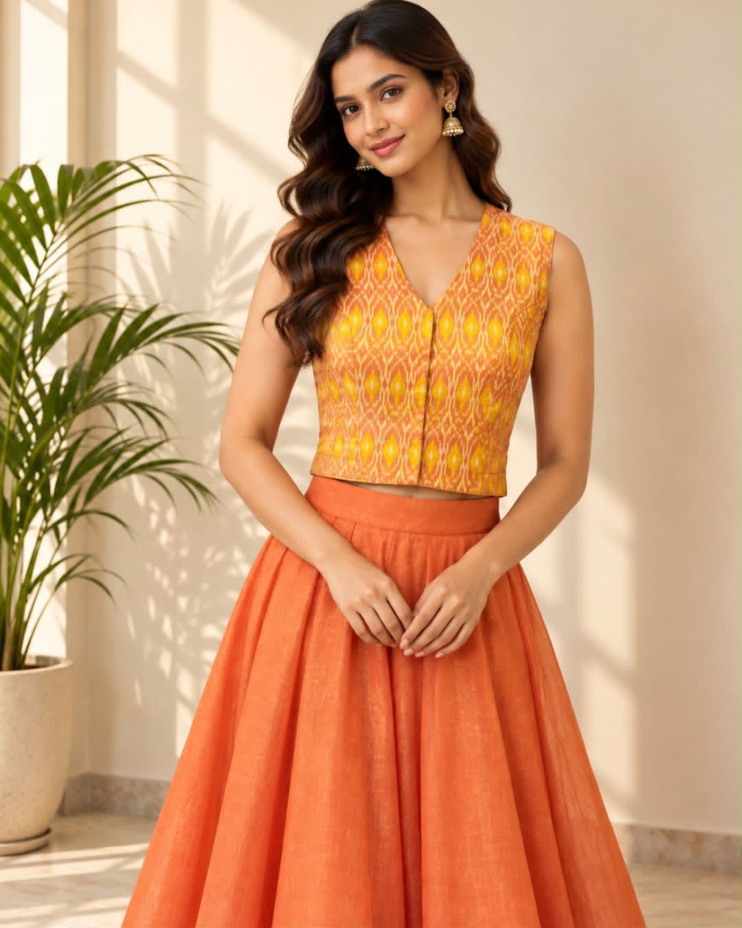 Mustard Yellow V Neck Sleeveless Ikkat Blouse