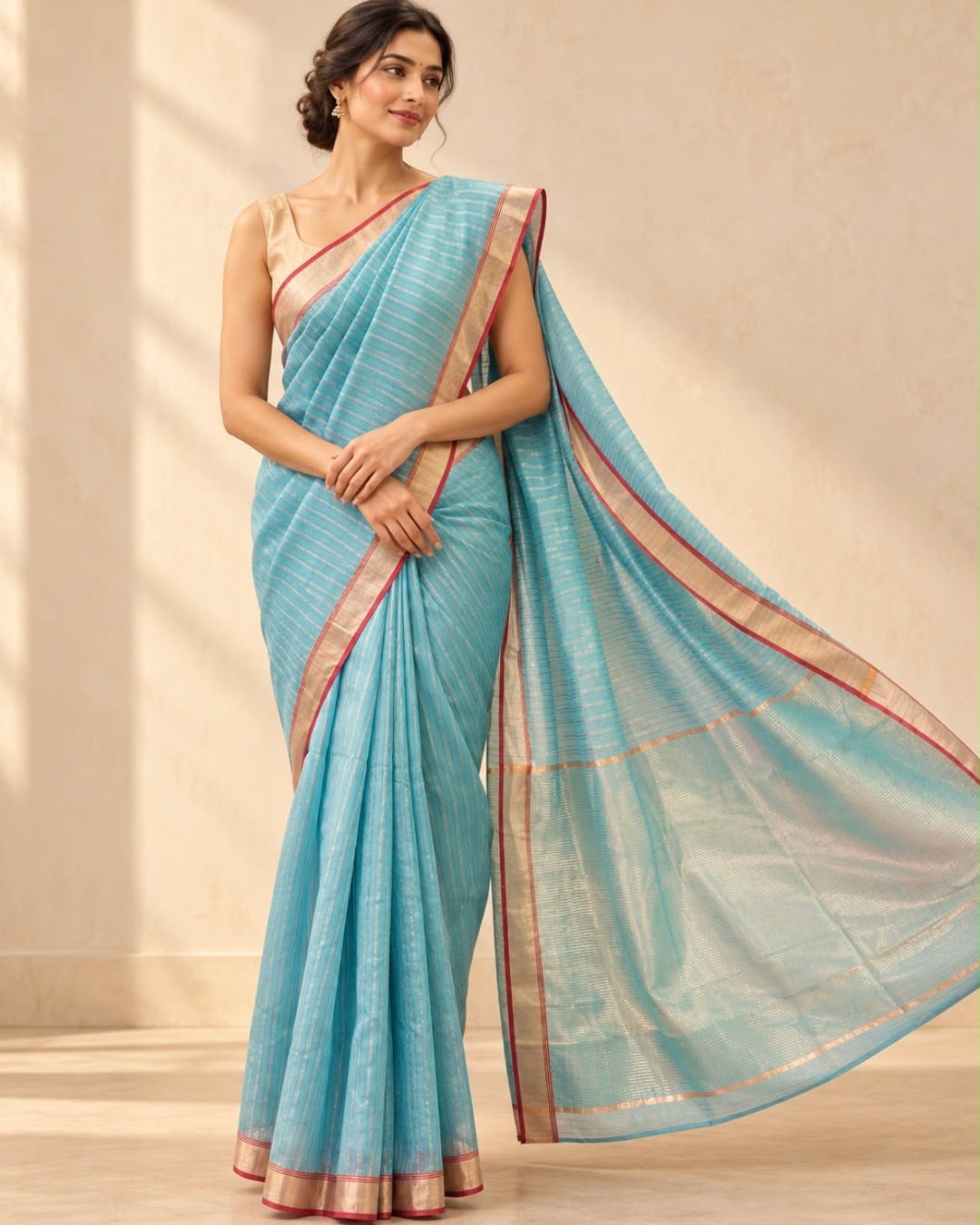 Sky Blue Gold Stripes Marm Chanderi Silk Cotton Saree