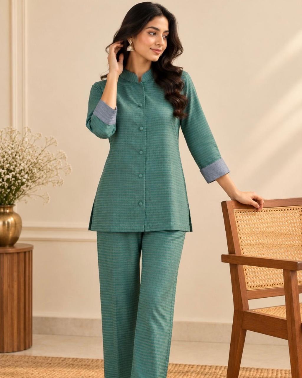 Teal Green Ribbed Mandarin Collar Tussar Silk Cotton Tunic