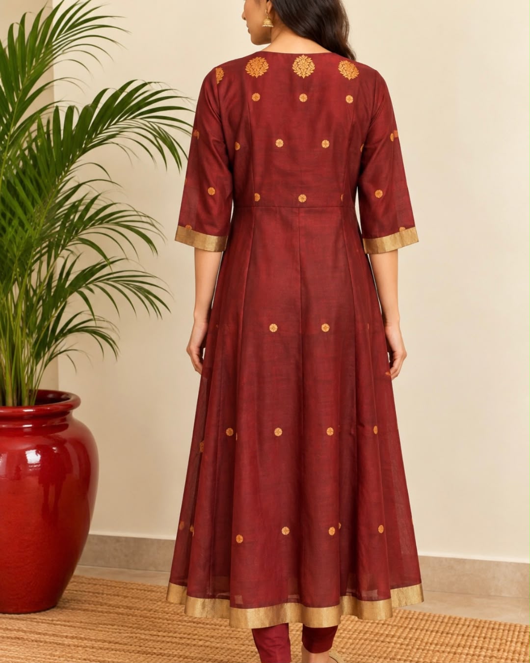 Maroon V Neck Chanderi Silk Cotton Dress