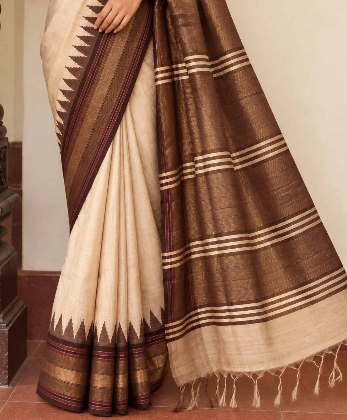 Beige Brown Temple Border Chattisgarh Tussar Silk Saree