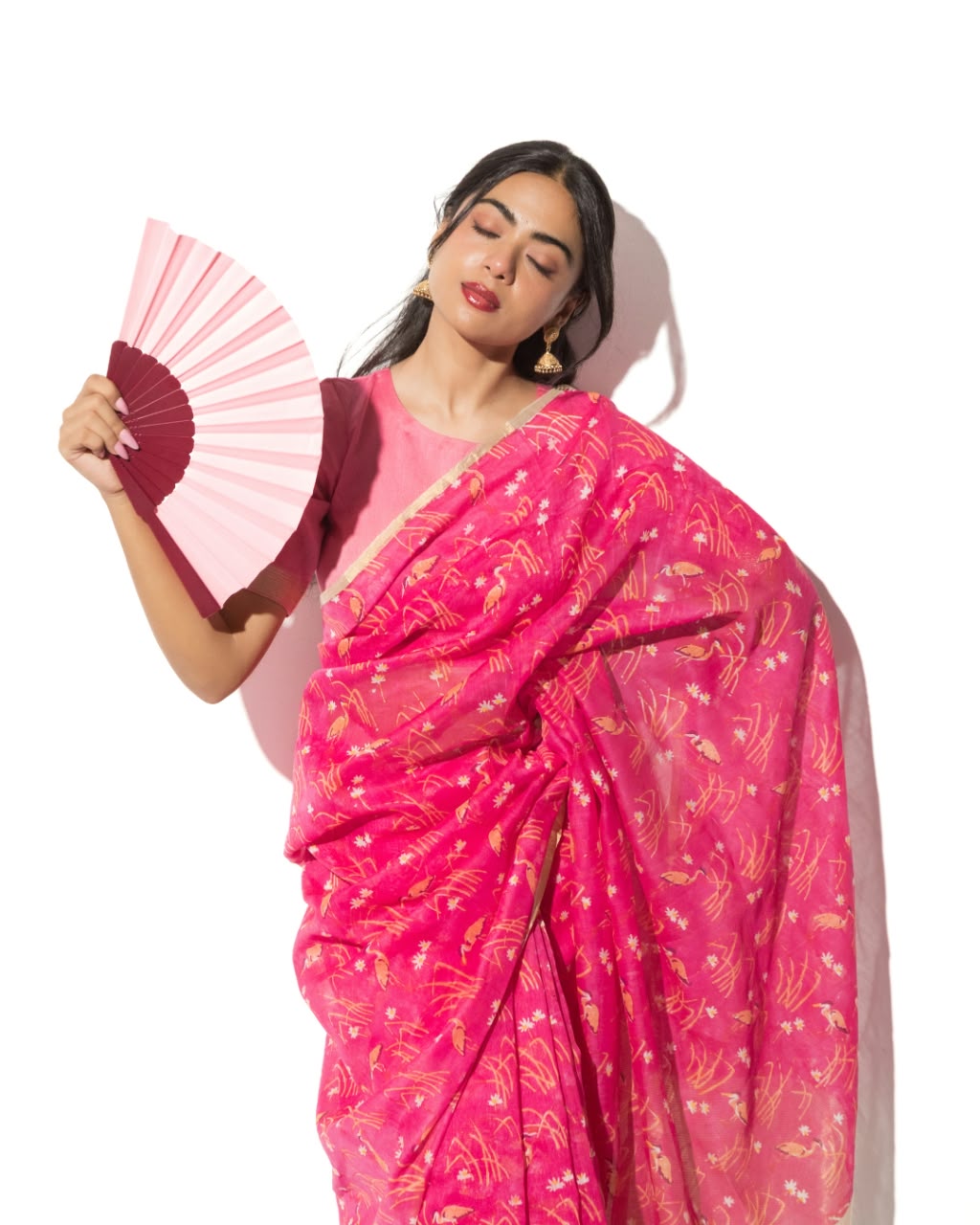 Pink Crane Print Marm Chanderi Saree