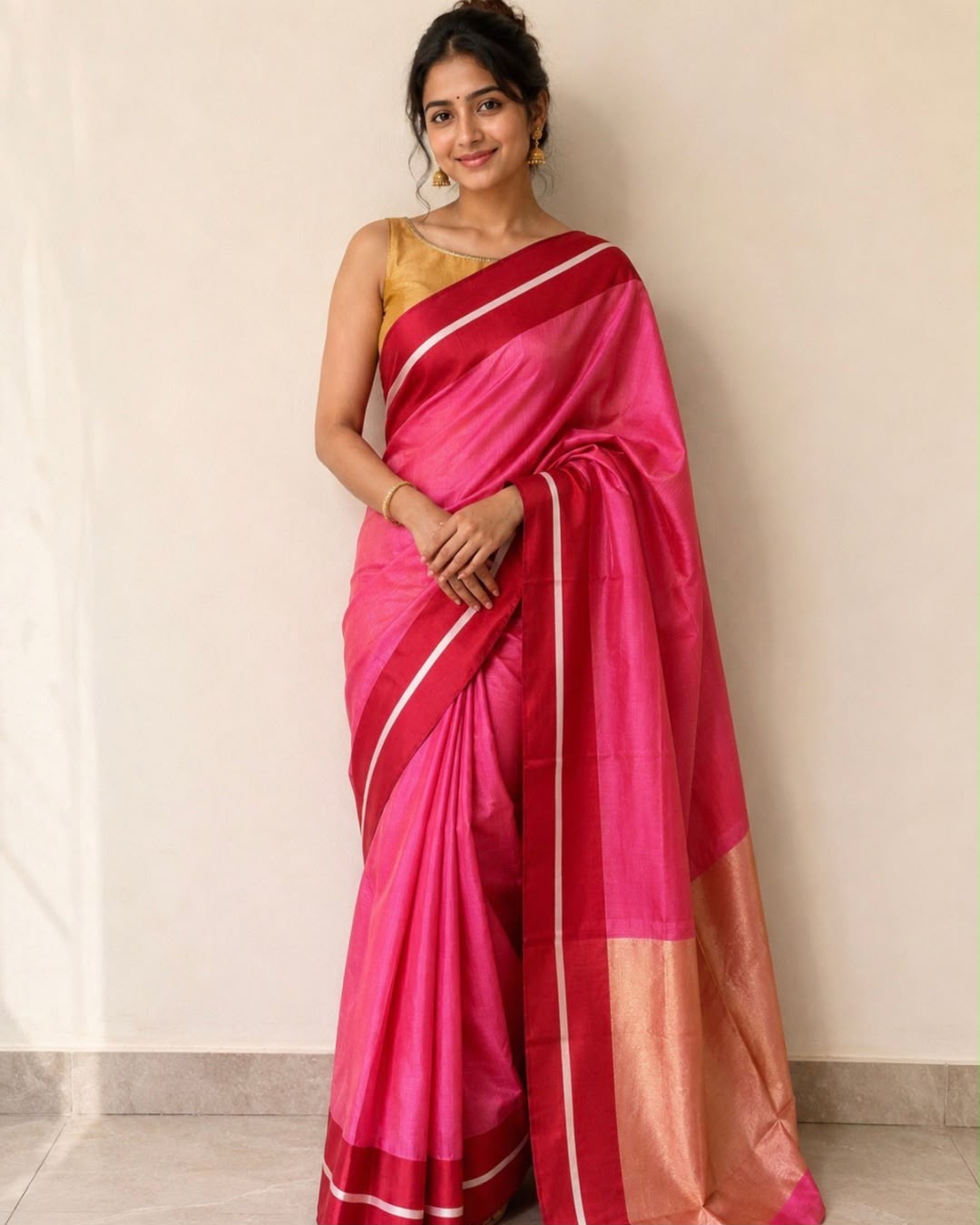 Pink Red Mashru Border Chanderi Silk Saree