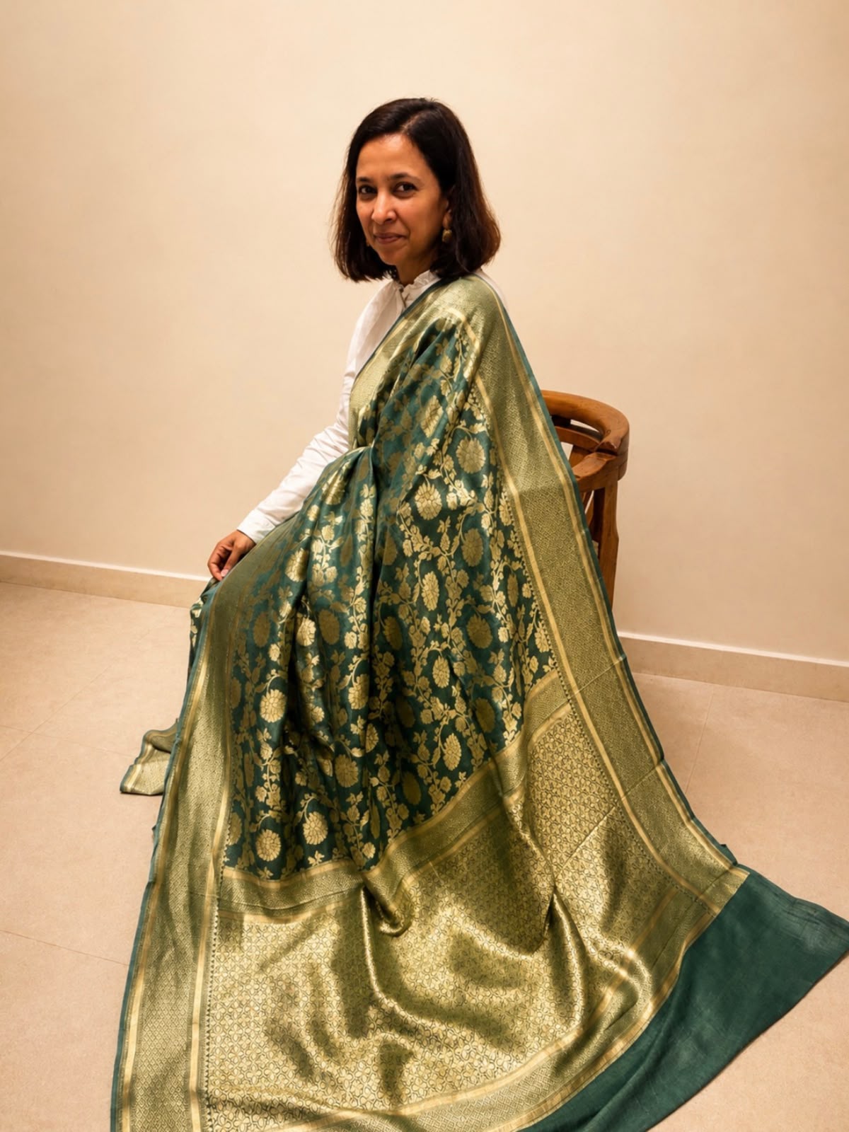 Green Floral Banarasi Tussar Geogette Silk Saree