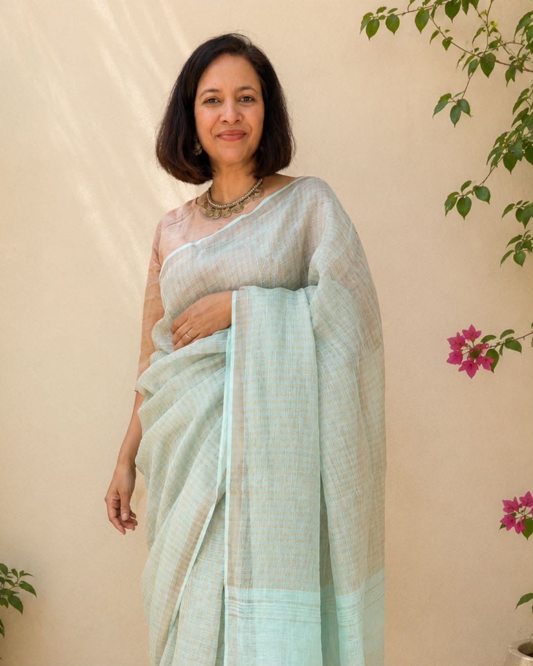 Sea Green Striped Tissue Linen Saree