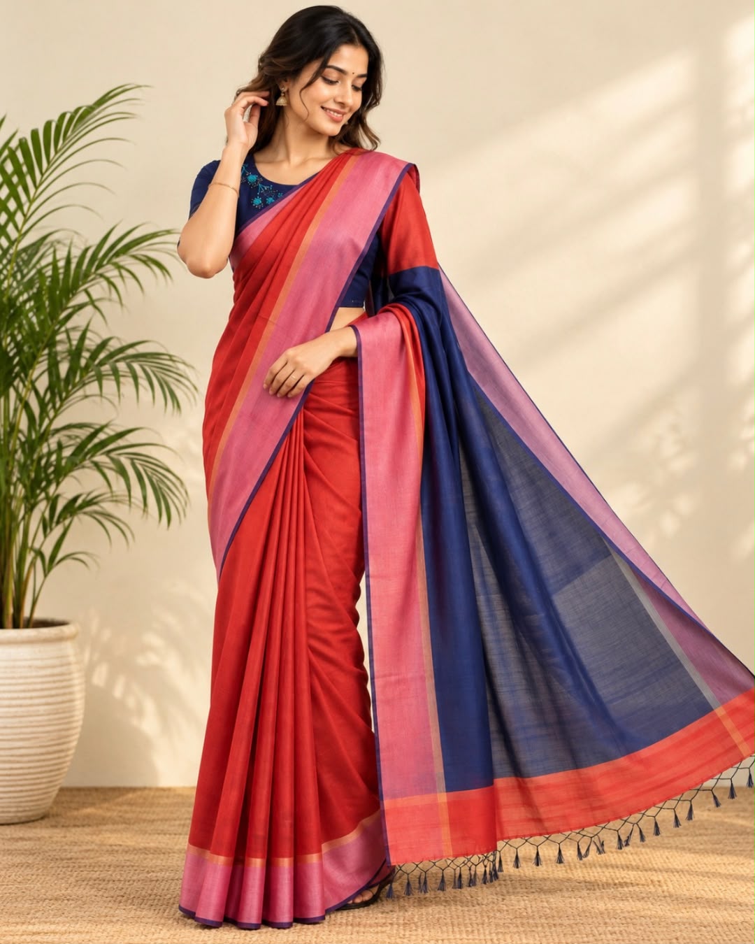 Red Blue Pallu Tussar Eri Silk Saree