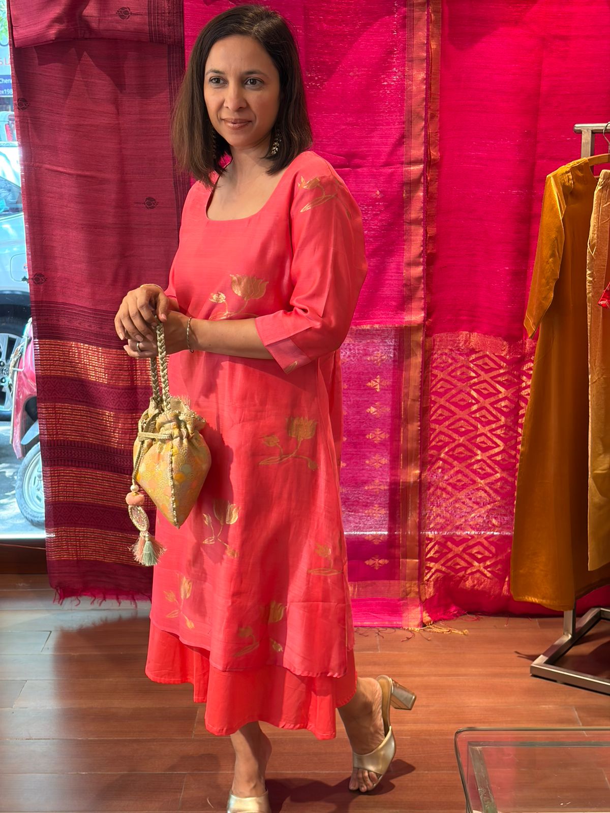 Pink Chanderi Silk Double Layer Dress
