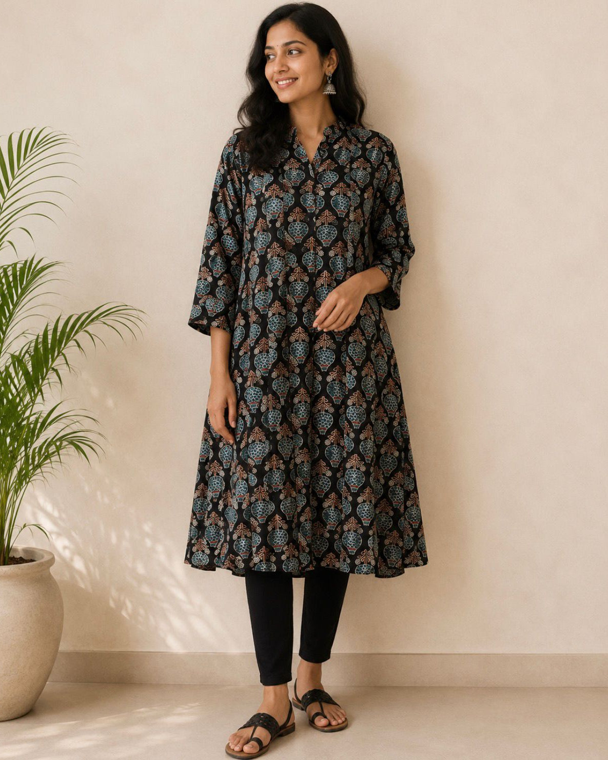 A woman modeling a long-sleeved, knee-length kurta with an intricate geometric and floral block print in dark blue, teal, and brown on a black base. She is wearing black leggings and brown sandals, standing against a warm beige wall next to a potted palm plant.