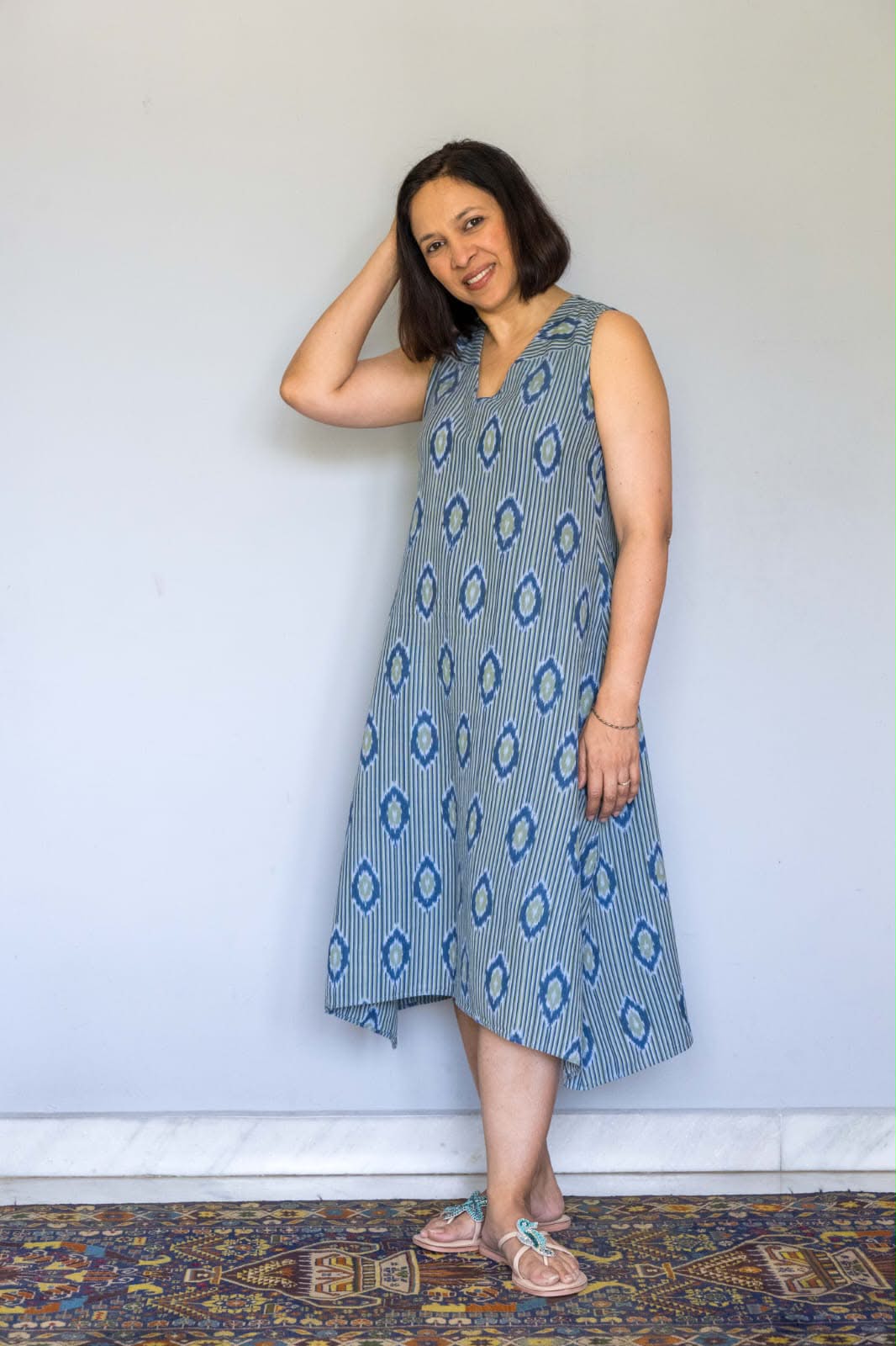 Blue Ikat VNeck Sleeveless Cotton Dress