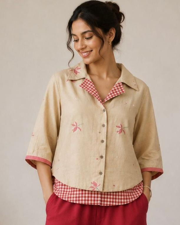 Beige Shirt Collar Embroidered Cotton Top