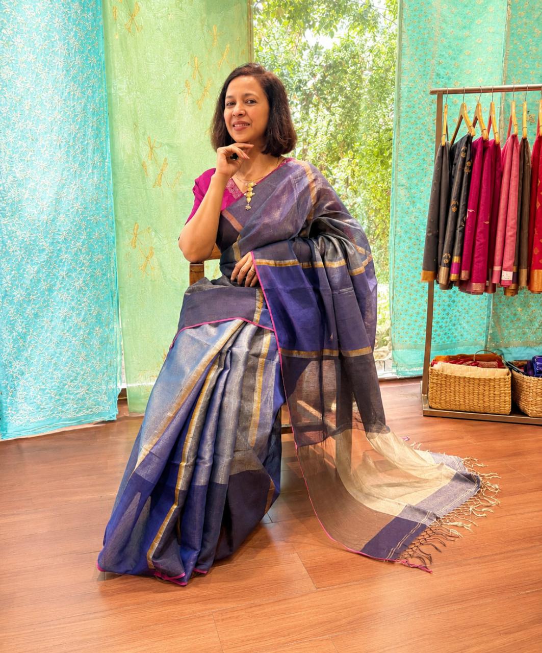 Blue Gold Striped Tissue Linen Saree