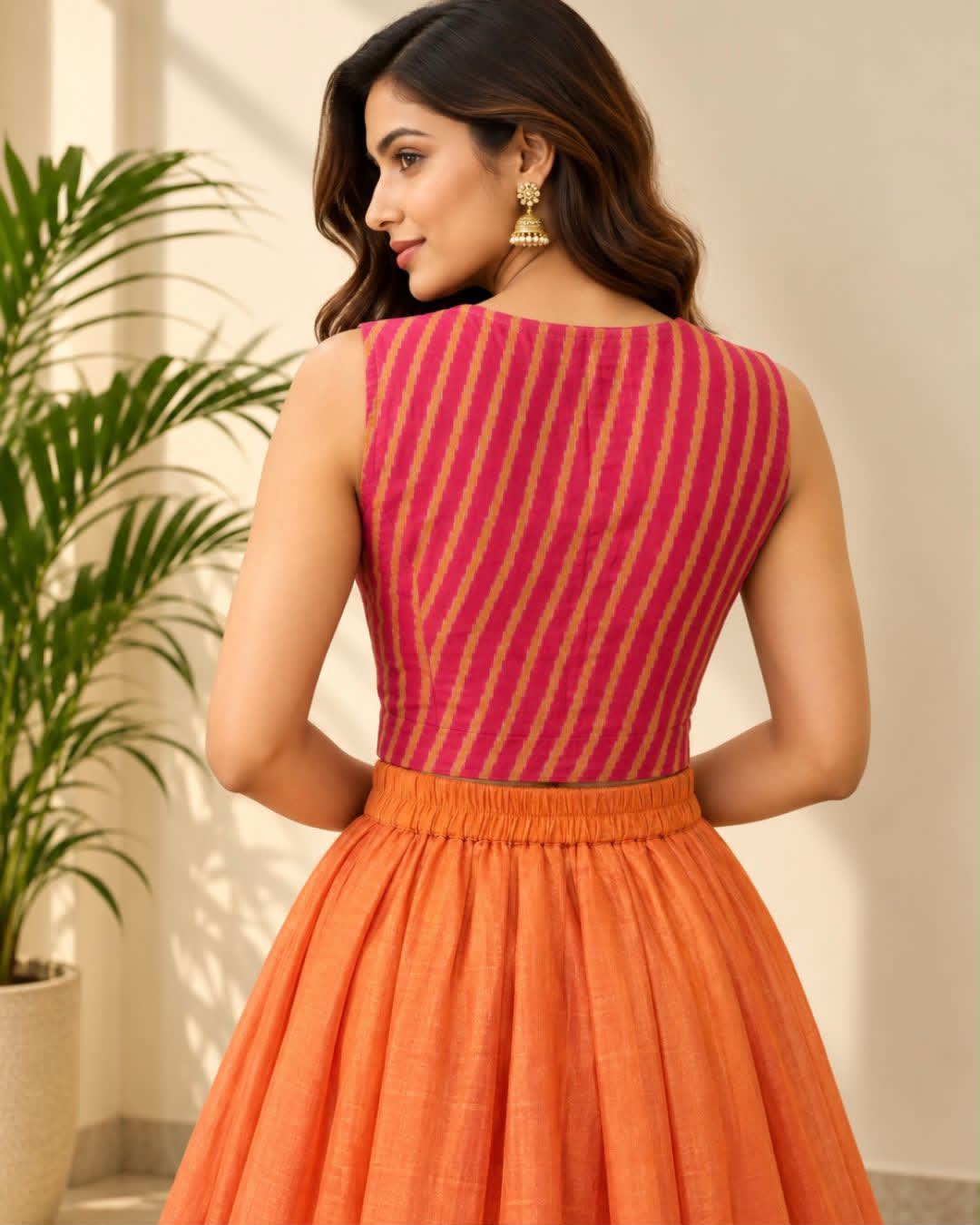 Pink Striped V Neck Sleeveless Ikkat Blouse