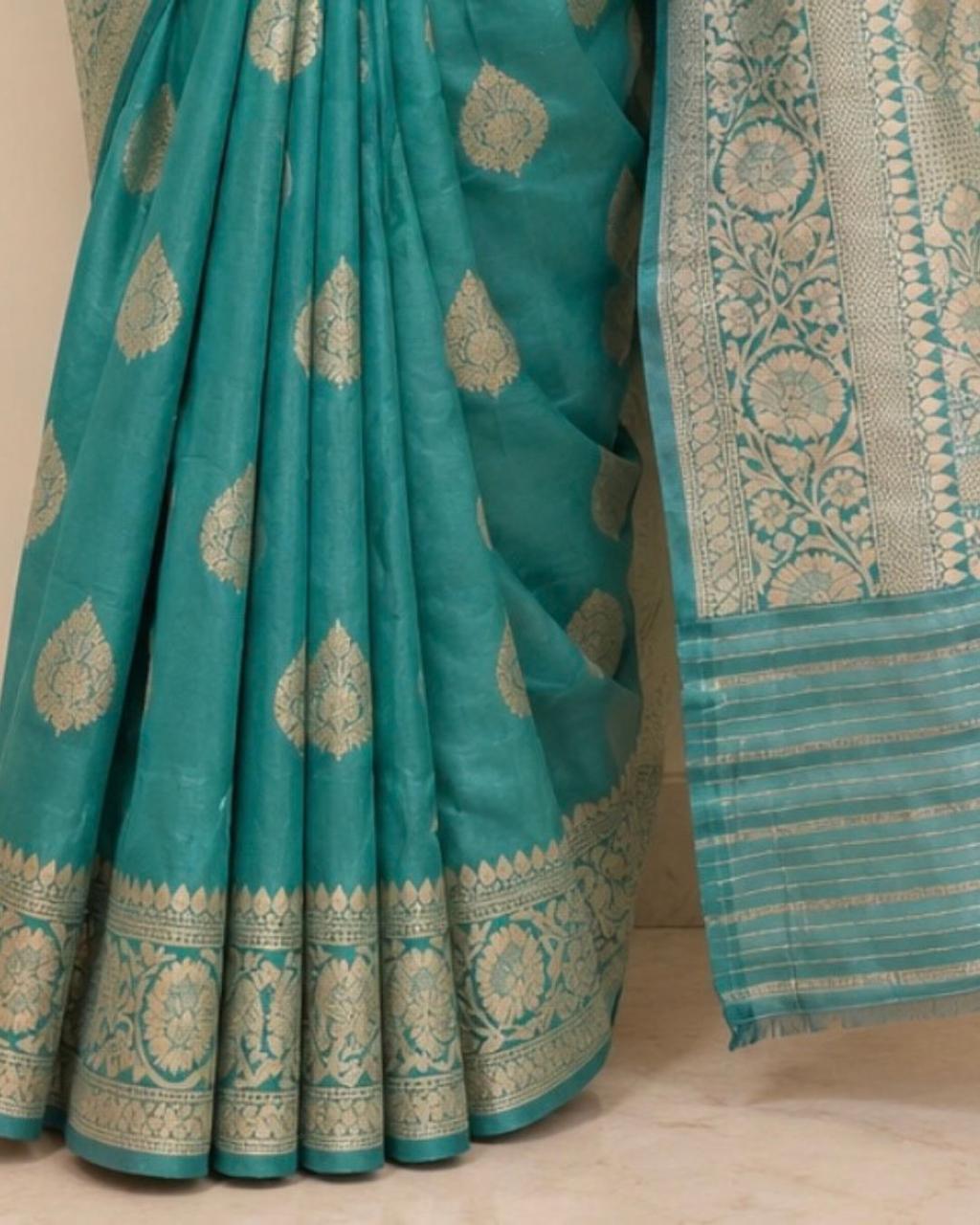 Teal Green Floral Butta Banarasi Tissue Silk Saree