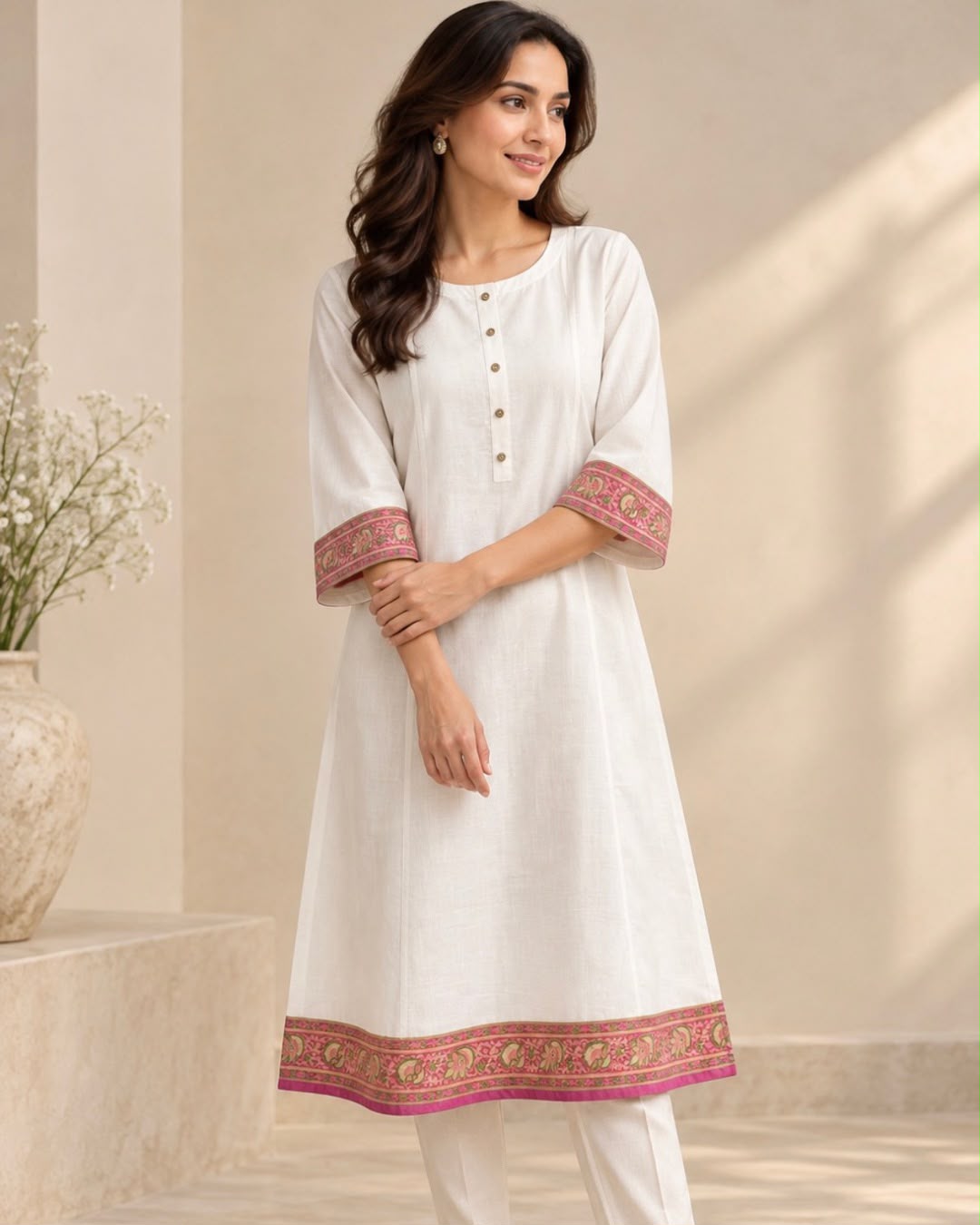 White Pink Sb Printed Border Tussar Cotton Dress