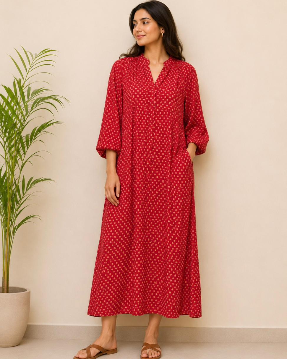 Red Muslin Silk Chinese Collar Dress