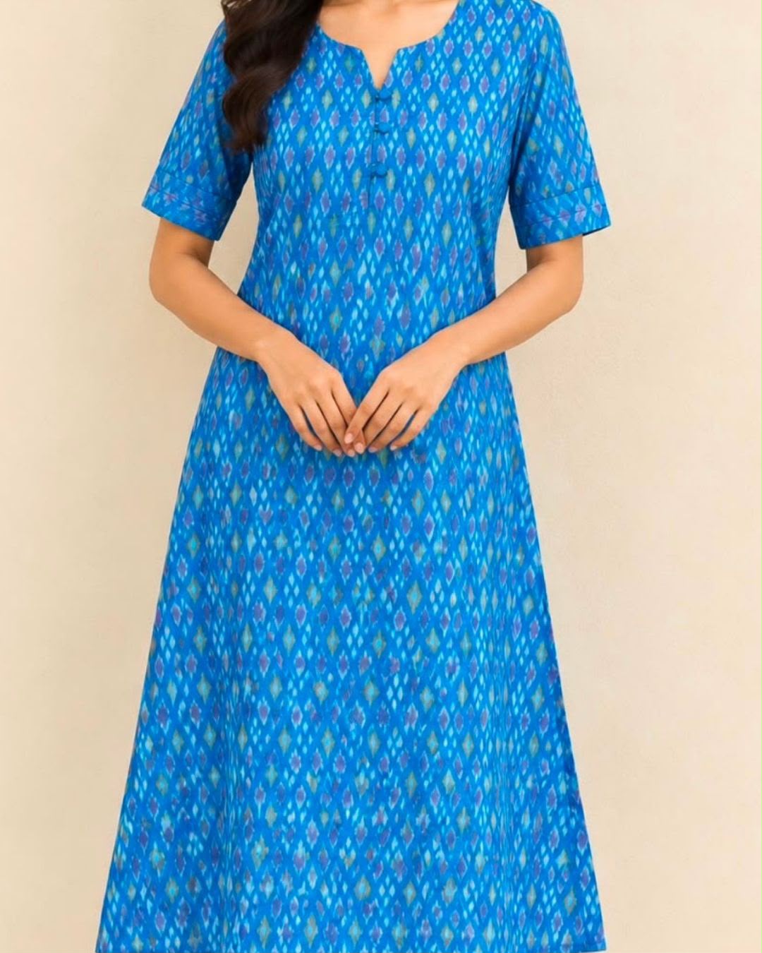 Blue Deepam Neck Super Fine ikat Silk Kurta