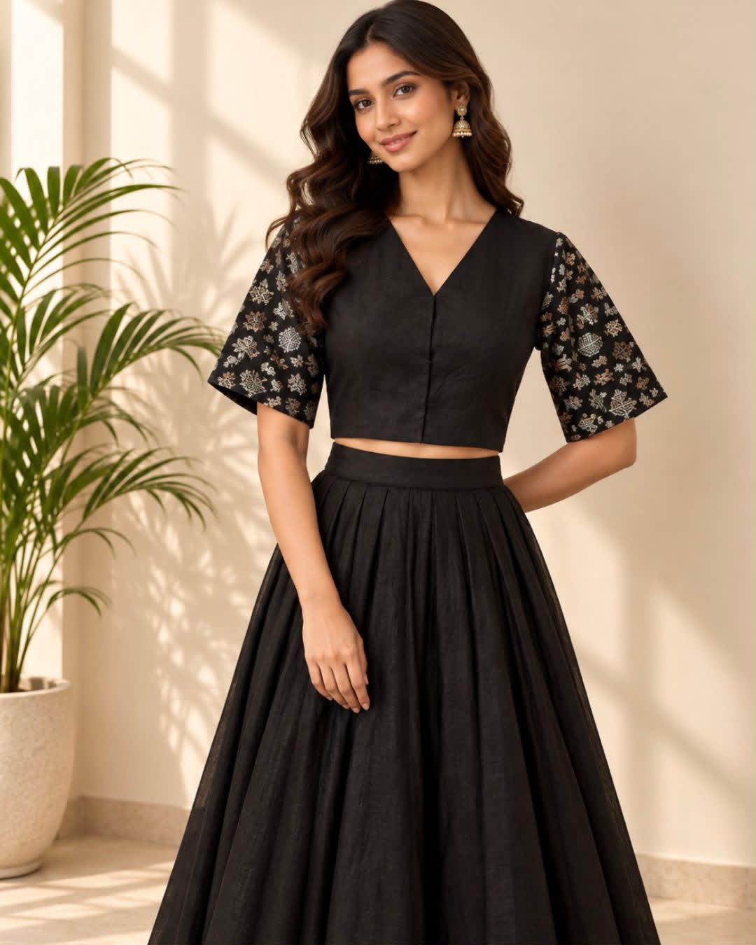Black V Neck Sleeves Cut Work Banarasi Silk Cotton Blouse