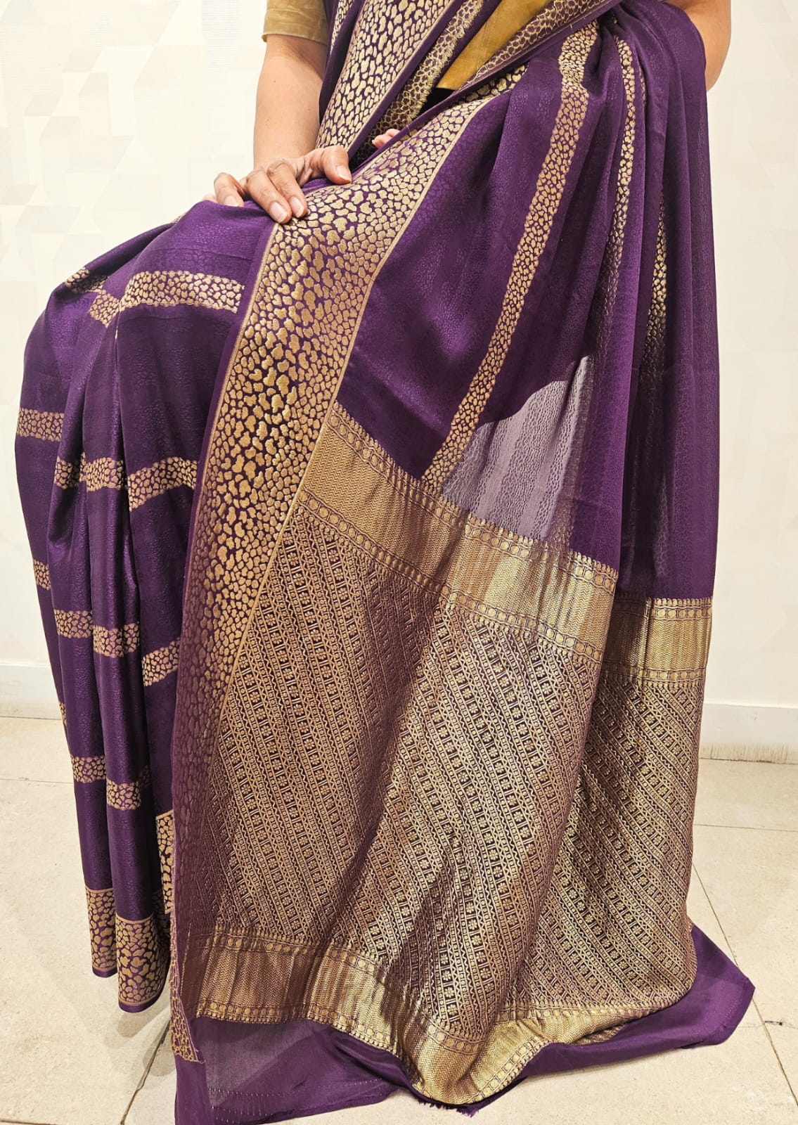 Purple Gold Band Crepe Silk Saree