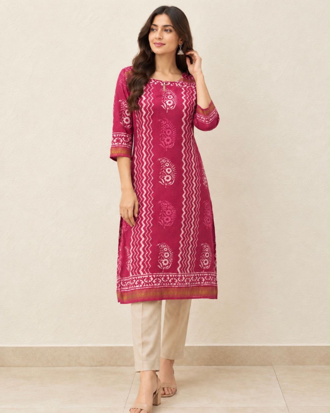 Pink Round Neck Hand Block Printed Chanderi Silk Cotton Long Kurta