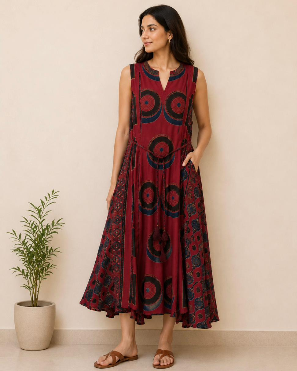Maroon Modal Ajrakh Sleeveless Dress