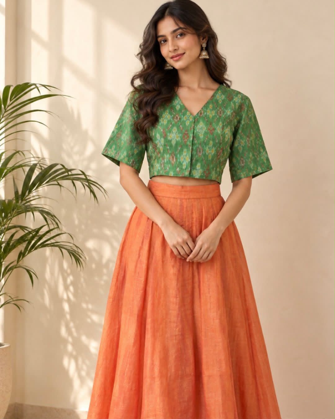 Green V Neck Short Sleeve Ikkat Blouse