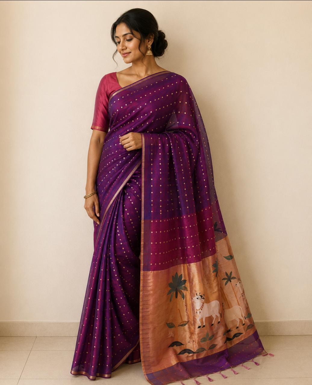 Purple Organza Sequins Jamdani Saree