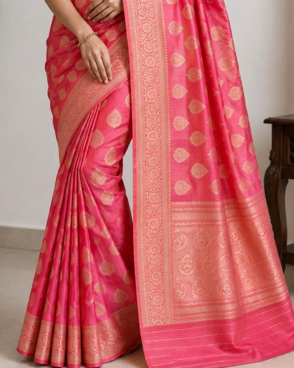 Peach Floral Butta Banarasi Tissue Silk Saree