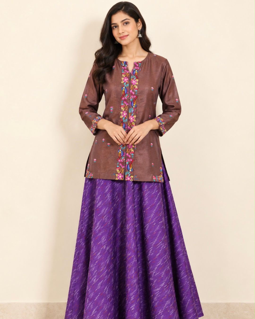 Brown Deepam Neck Cross Stitch Embroidery Tussar Silk Tunic