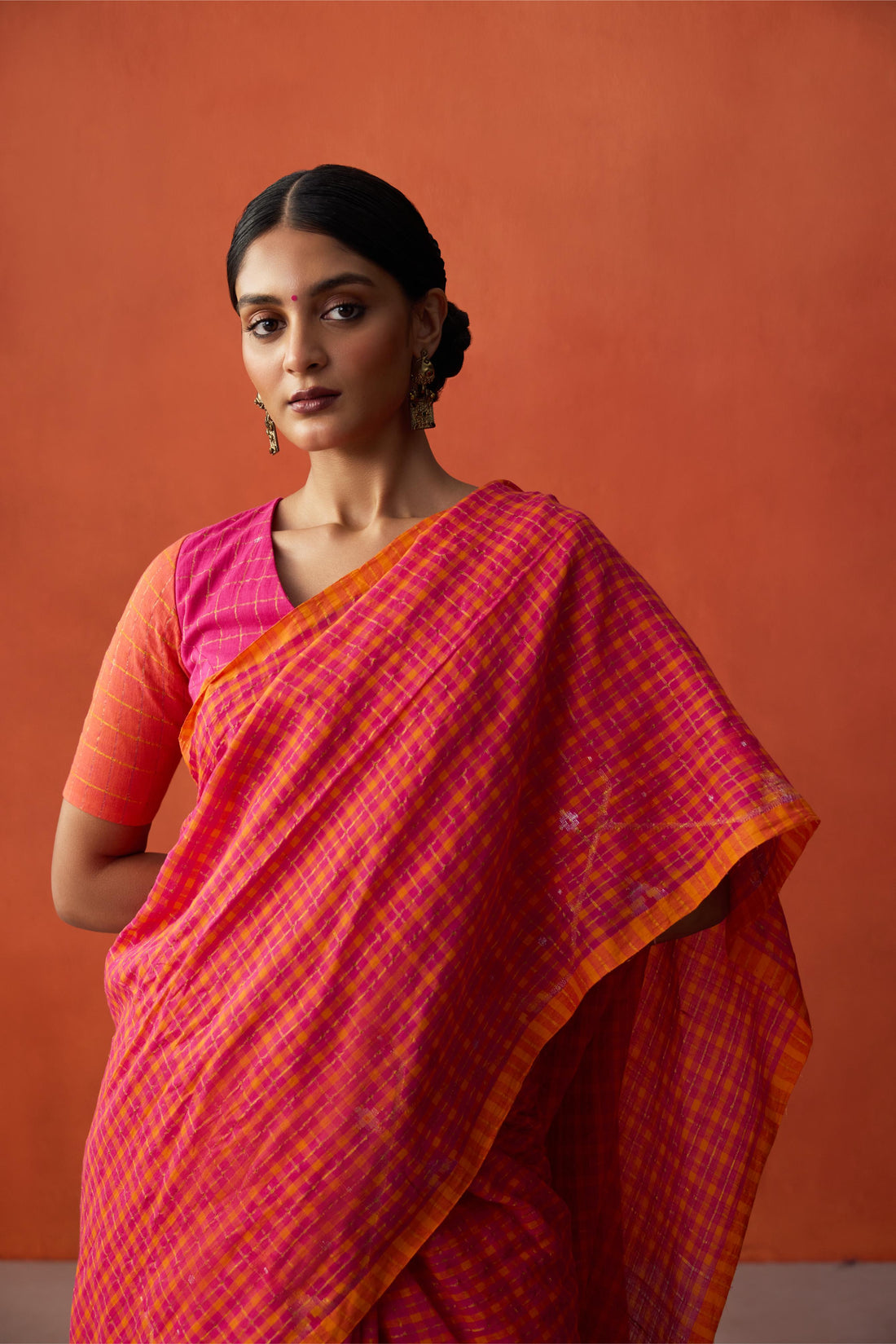 Pink Orange Checks Jamdani Cotton Saree