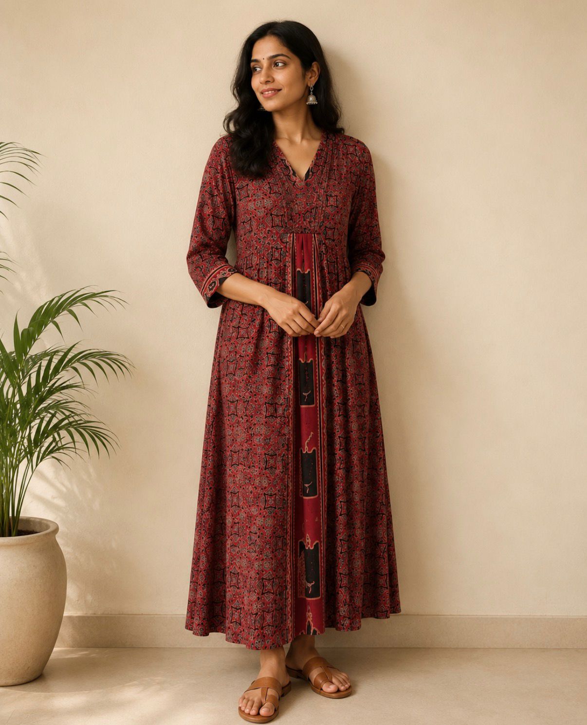 Maroon Ajrakh V Neck Dress