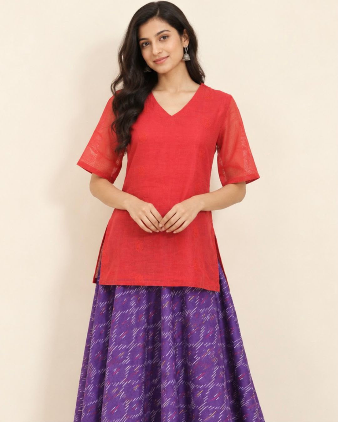 Rust V Neck Mulberry Silk Cotton Tunic