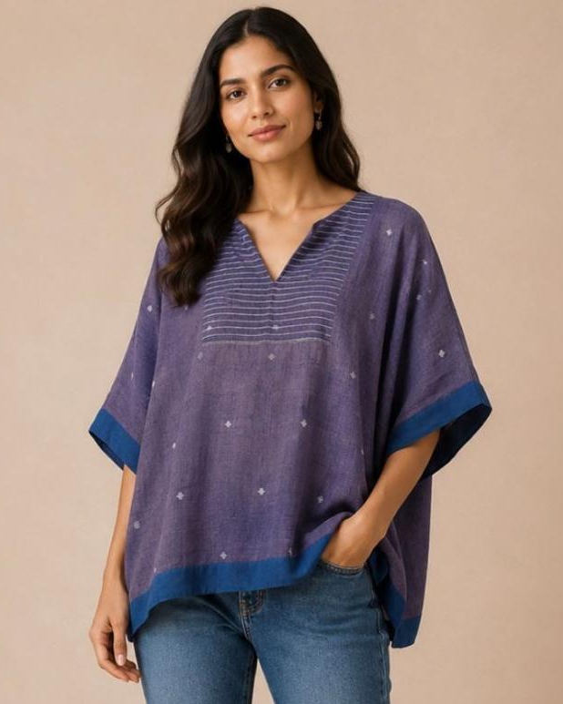 Purple V Neck Cuff Jamdani Cotton Top