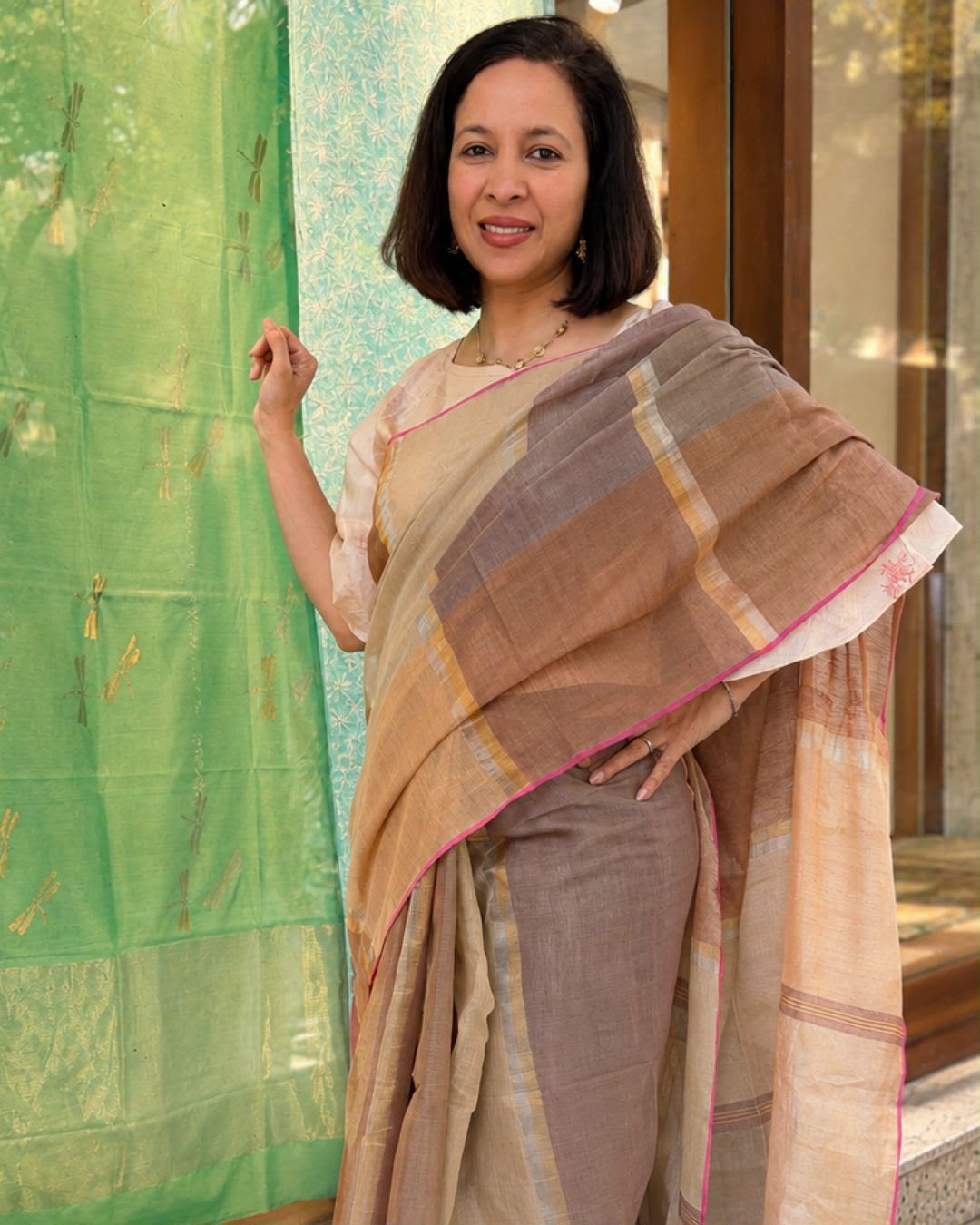 Beige Striped Brown Tissue Linen Saree