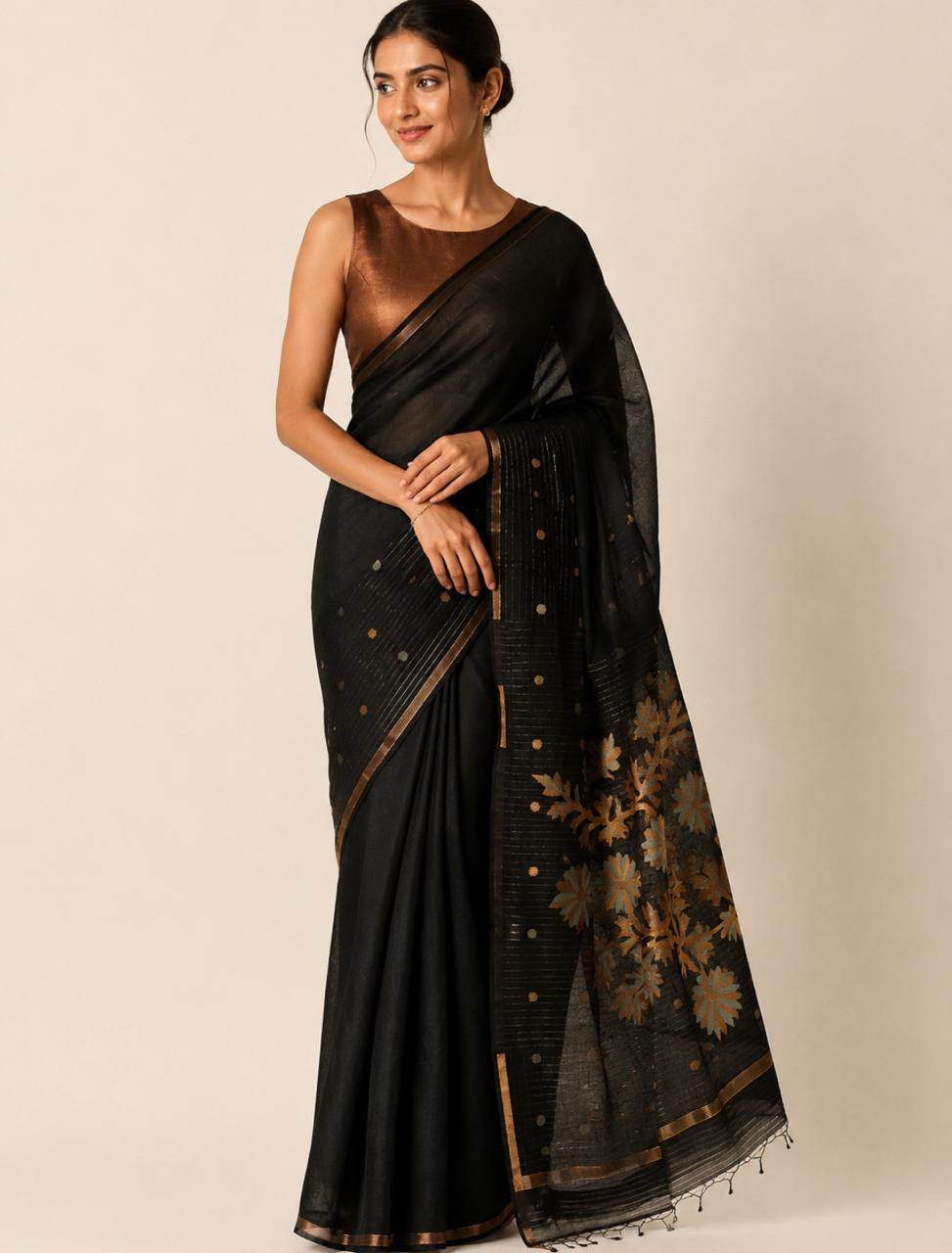 Frida Black Gold Jamdani Matka Silk Saree