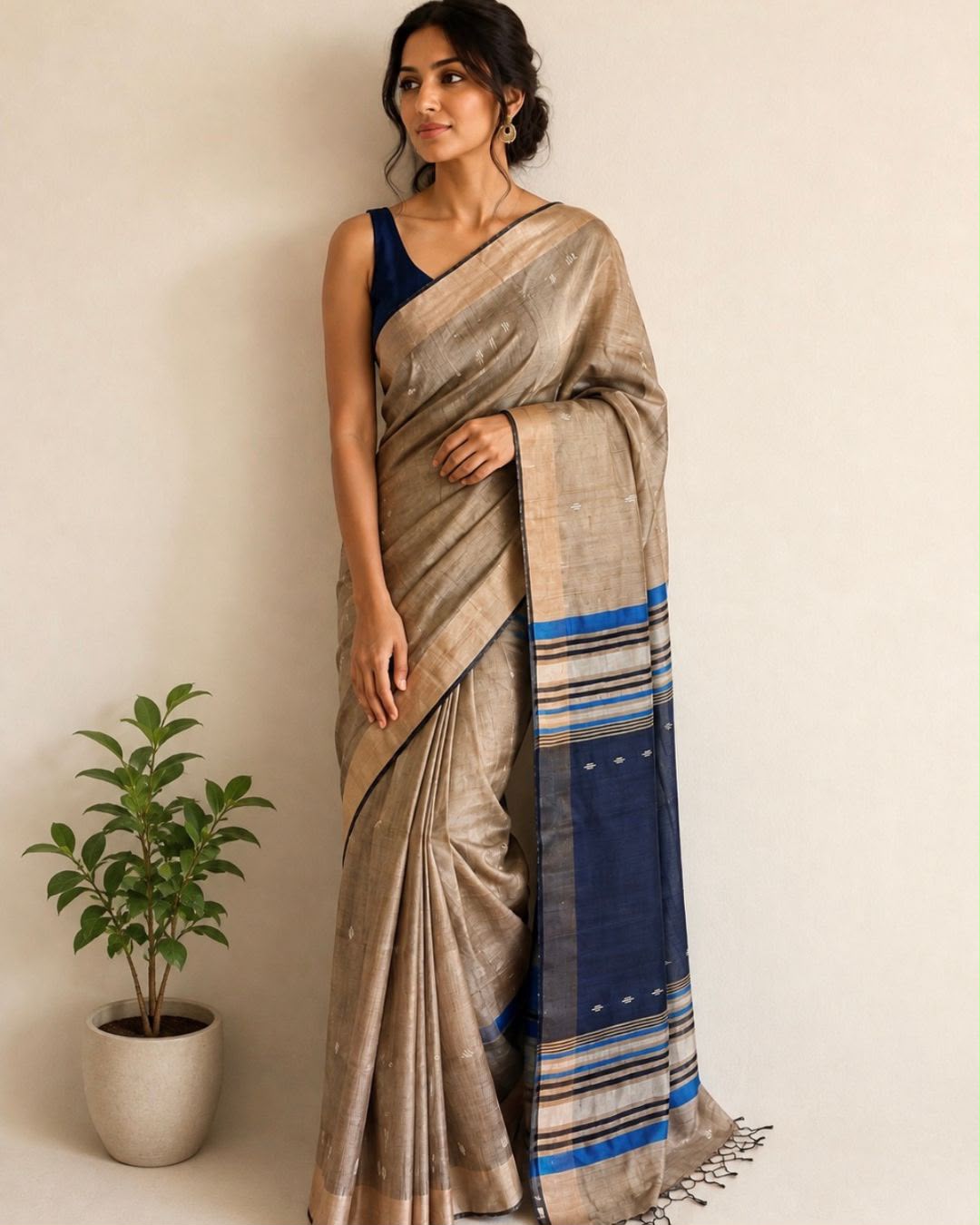 Beige Bhagalpur Tussar Silk Saree