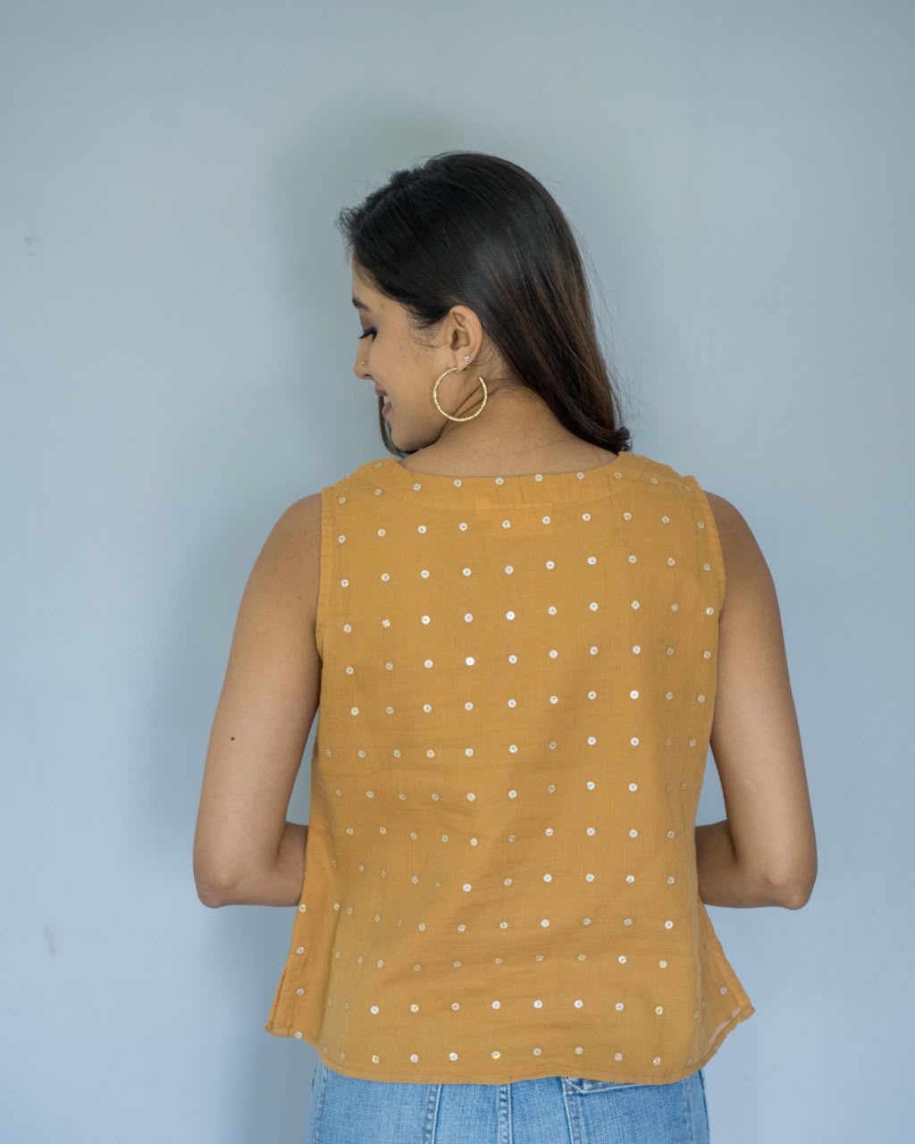 Yellow Sequins Sleeveless Cotton Top