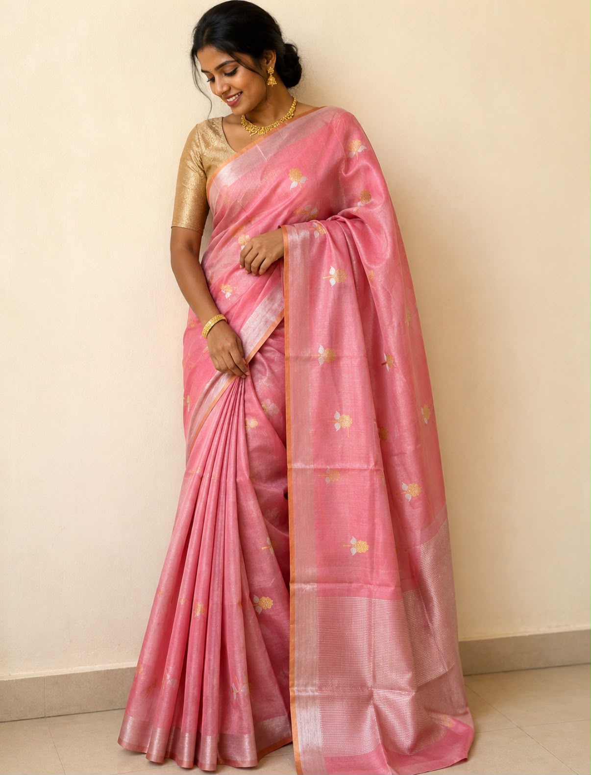 Peach Jamdani Chanderi Silk Saree