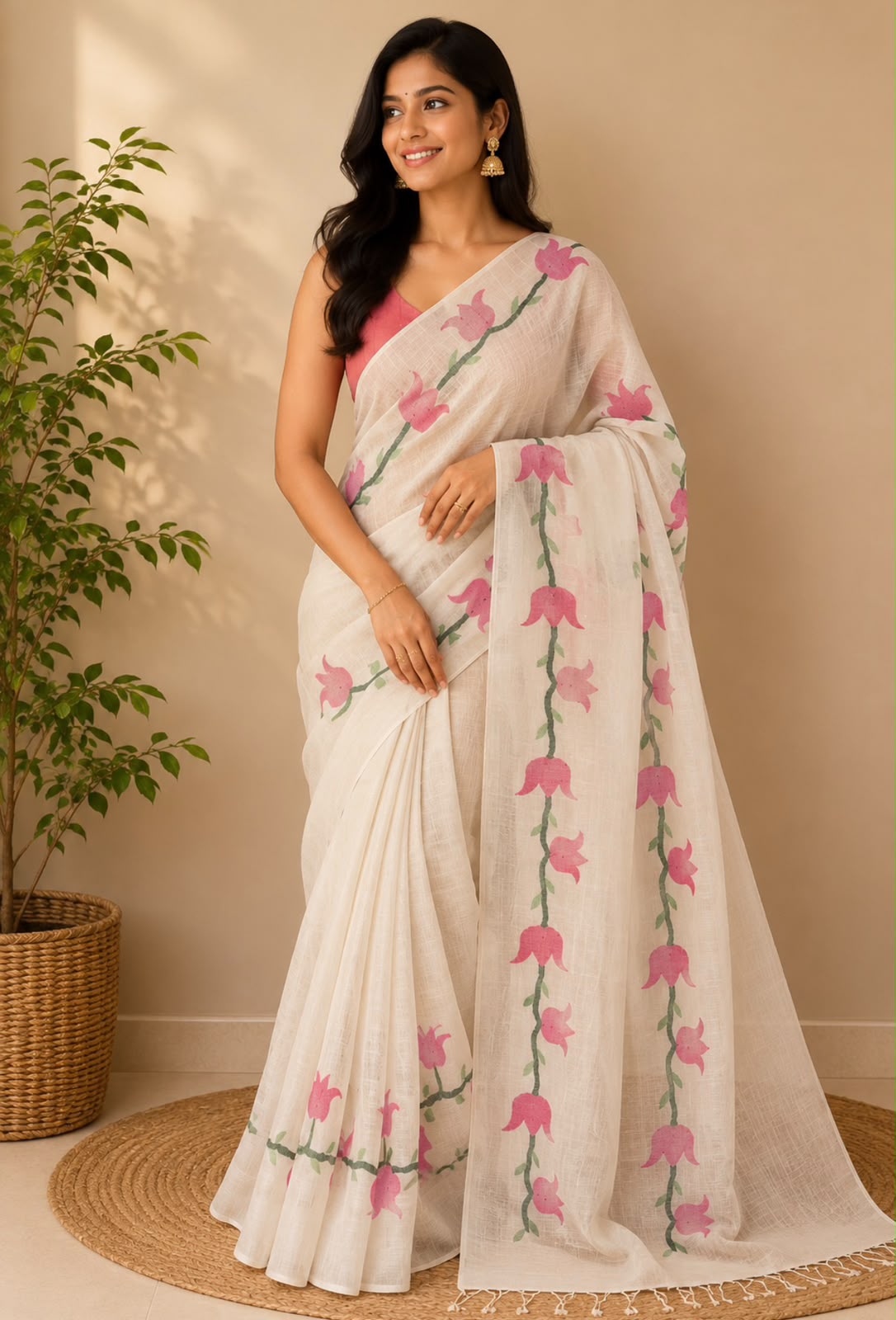 Off White Floral Jamdani Cotton Saree